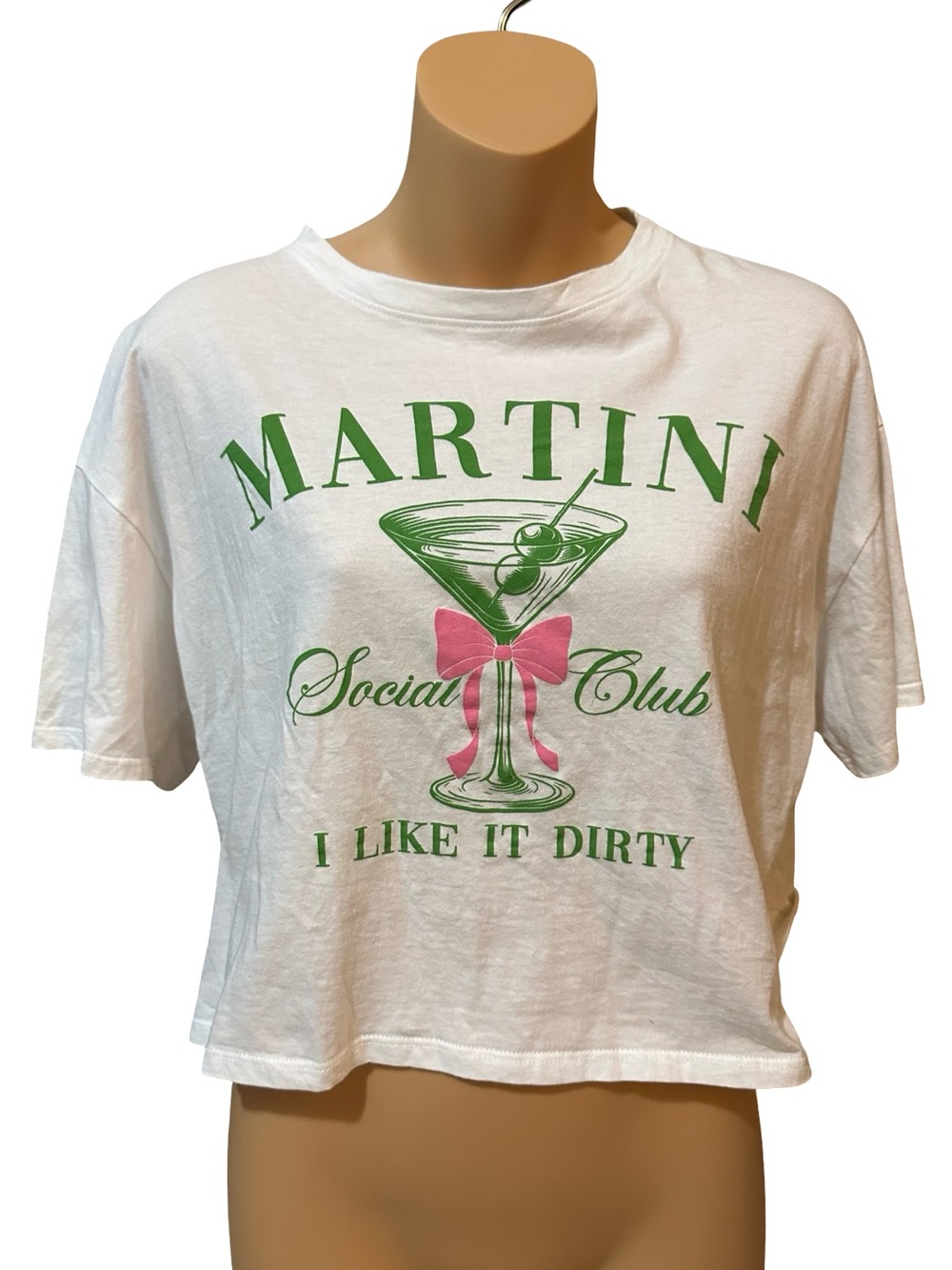 Tres Bien White Crop Tee with Green Martini Graphic Summer Resort Coquette
